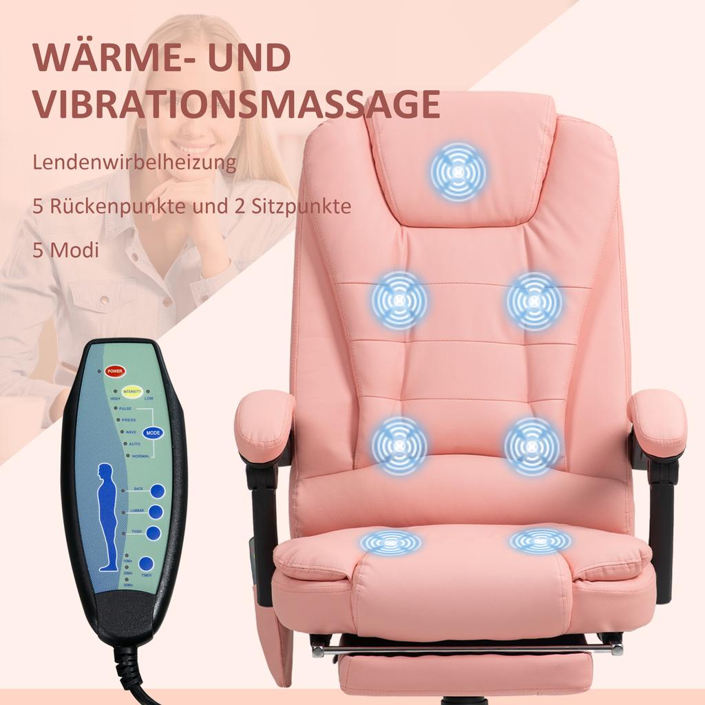 Massage Office Chair, 7 Vibration Points, Adjustable Footrest & Backrest, up to 120 kg, Leather Look, Pink