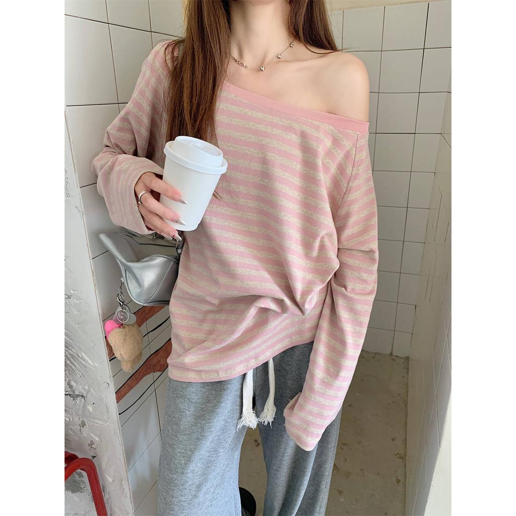Slash shoulder striped long-sleeved T-shirt women's spring and autumn new thin loose sunscreen blouse Spice girl off-the-shoulder top