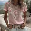 Women Tops Round Neck Short Sleeve Pullover Tops Loose Fit Faux Pearls 3D Floral Decor Sun Protection Lightweight Casual Summer Tops