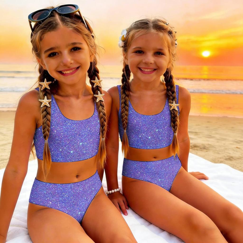 Costume da Bagno Due Pezzi per Bambina Set Top Corto Senza Maniche con Stampa di Paillettes e Slip a Vita Alta Costumi da Bagno per Bambini Estate Abbigliamento da Spiaggia