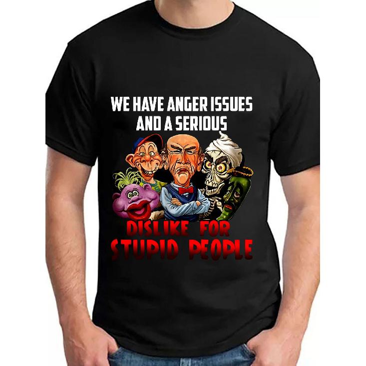Black T-Shirt with a Fun Design WE HAVE RAGE PROBLEMS AND A SERIOUS - Featuring Caricature Characters Such As a Pink-Purple Character, a Smiling S чёрный