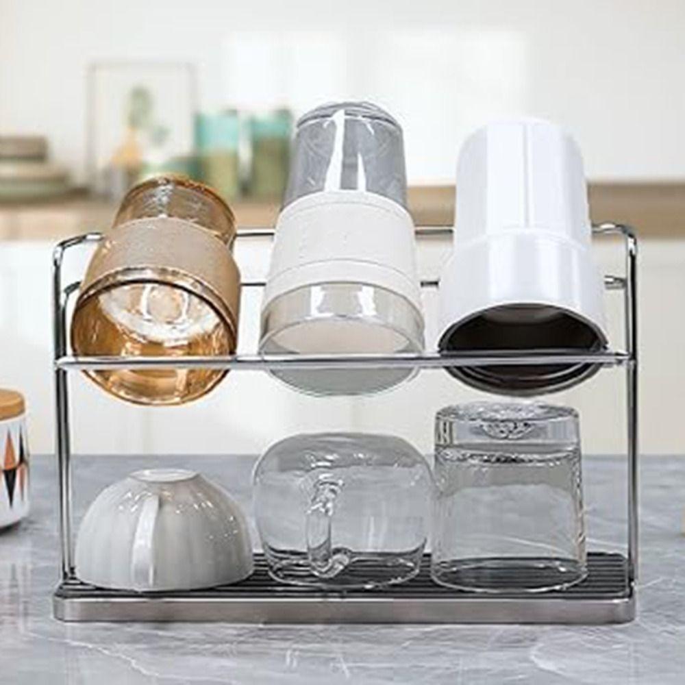 with Drain Tray Bottle Drying Rack 2 Tier Mug Holder Easy Cleaning Cup Storage Rack  Water Bar