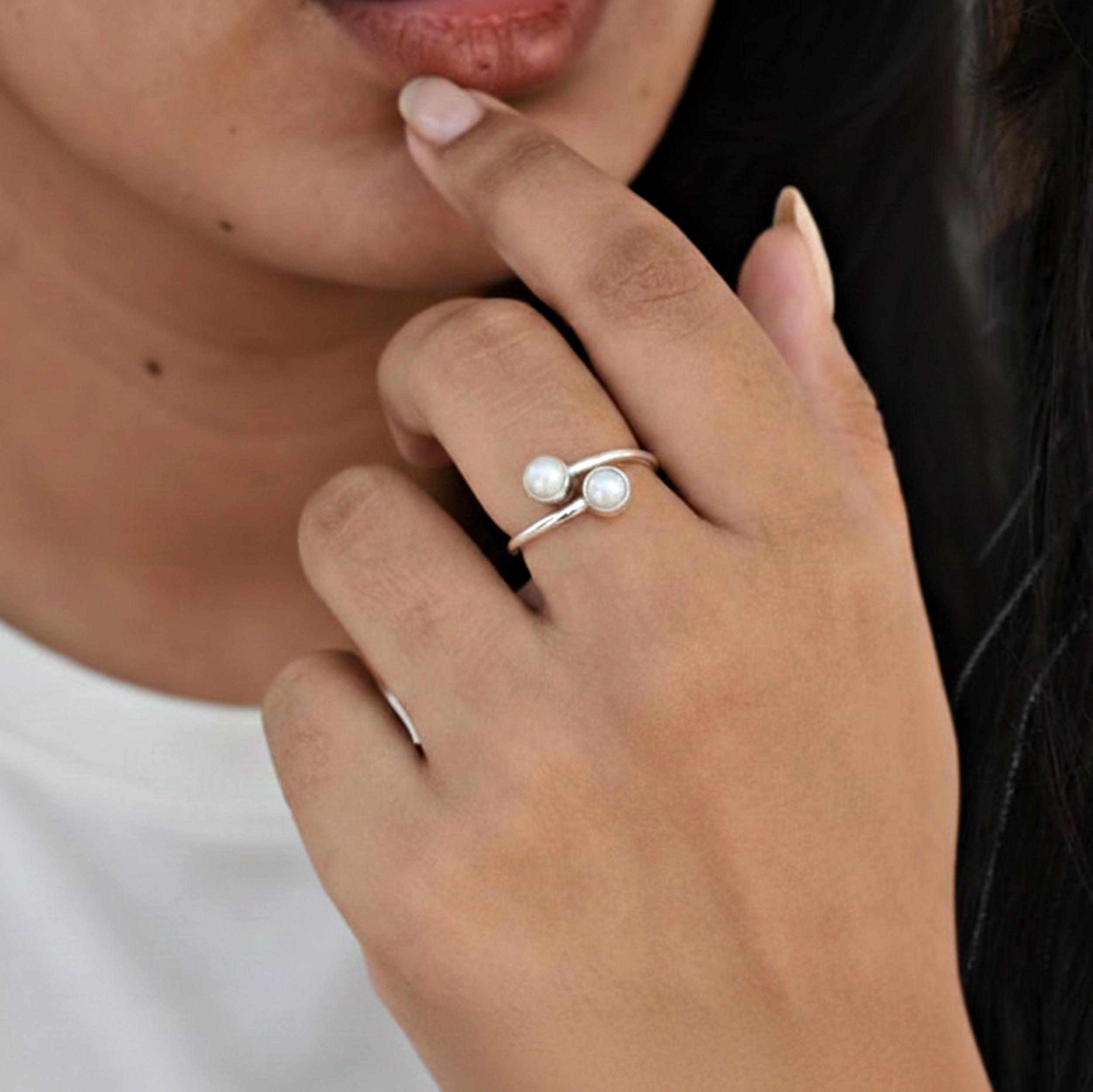 

Белое жемчужное кольцо с двумя камнями, Регулируемое минималистичное открытое кольцо, Ручная работа, Бохо-украшение для женщин 4 серебряный