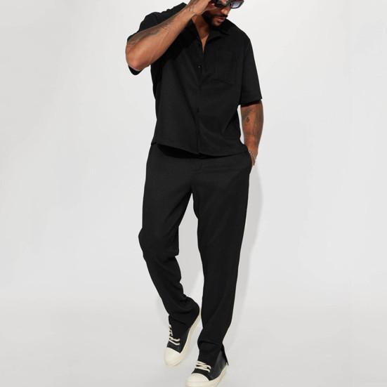 2Pcs/Set Men Outfit Lapel Short Sleeve Single Breasted Shirt Elastic Waist Long Pants Set Solid Color Loose Fit Casual Outfit