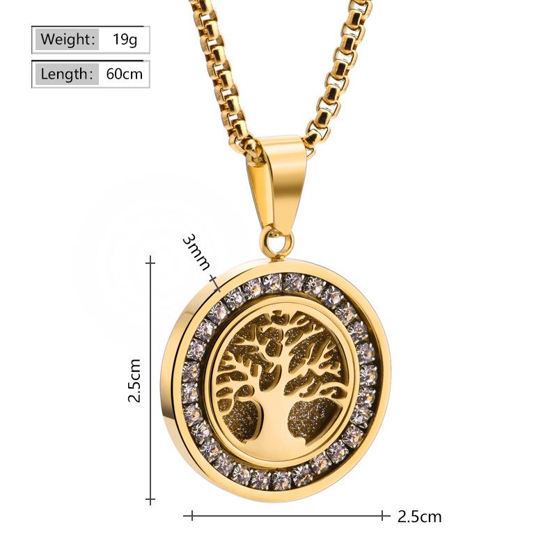 18K Gold Electroplated Cross & Round Zirconia Pendant Necklace - Stainless Steel Lucky Tree Design for Women