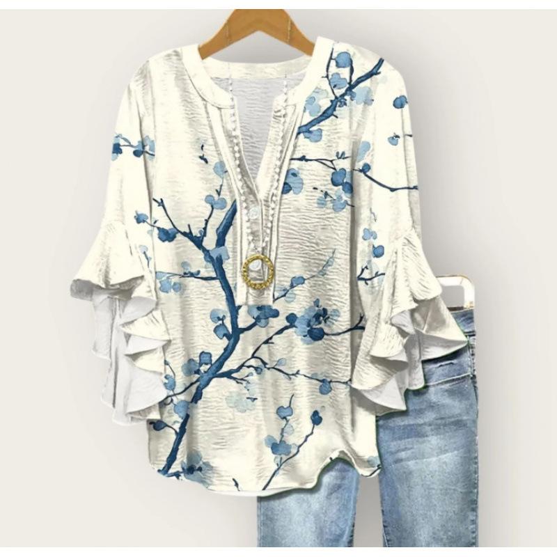 

Women s Boho Floral Blouse Ruffle Sleeve Casual Loose Fit Soft Fabric Elegant Shirt for Vacation 5XL