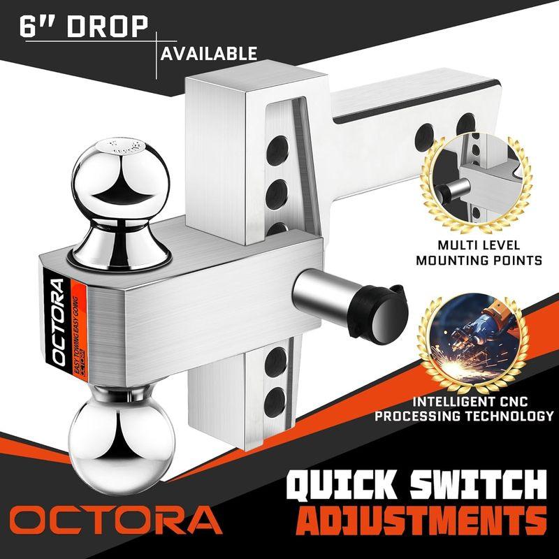 Adjustable Aluminum Tow Hitch for 2-Inch Receiver, 6-Inch Drop/Rise, 12,500 LBS GTW with Anti-Theft Locking Pins
