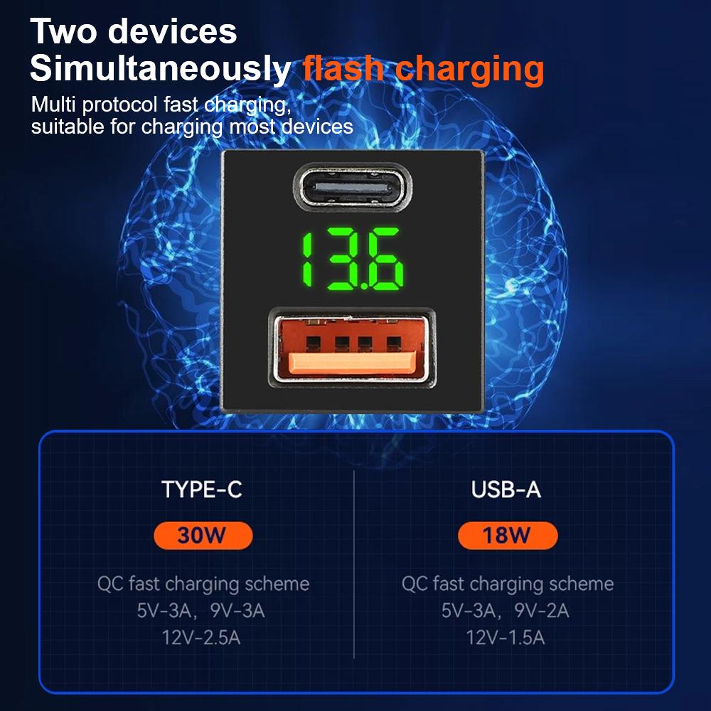 48W Voltmeter USB 18W + Type C 30W Fast car charger 12V-24V for toyota Power Socket Quick charging voltmeter Accessories