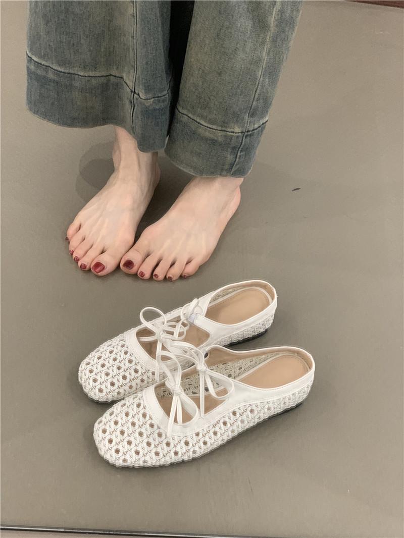 

Внутренние увеличивающие рост полушлепанцы 2025 лето ретро плетеные полые туфли-лодочки с бантом женская обувь 40 белый