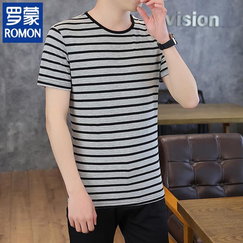 ROMON Men's Striped Round Neck Short Sleeve T-Shirt