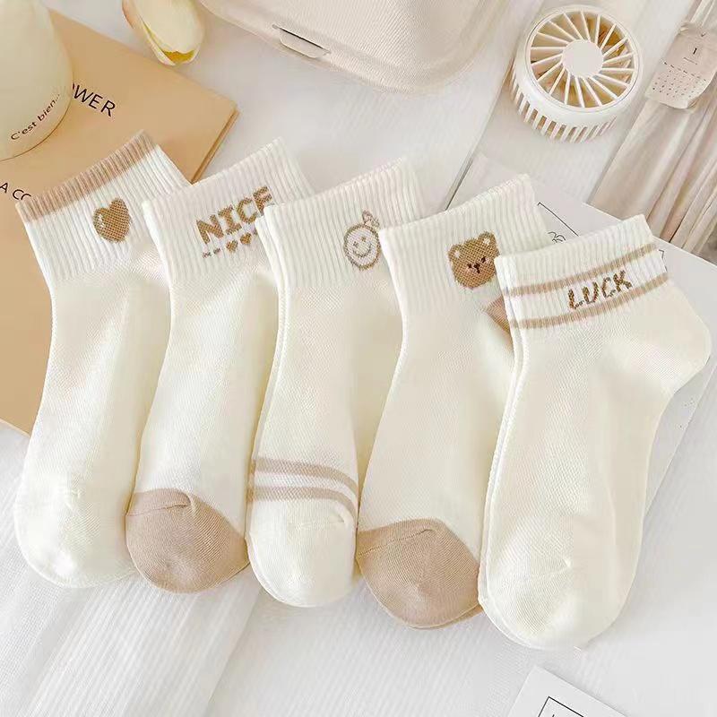 

5 pairs/Pack Spring Summer Women s Socks Cute Short Socks Korean Style Bear Smile Face Letters Print Ankle Socks One Size різнокольоровий
