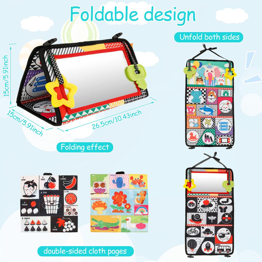 Cloth Tummy Time Mirror Toy Build Cognitive Skill Baby Mirror Tummy Time Detachable Sand Book Baby Prone Toy Foldable for Infant