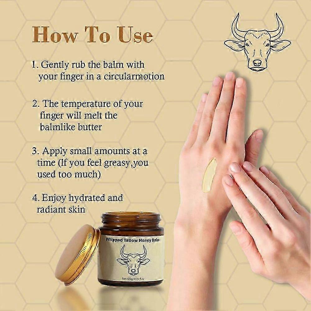 120ml Grass-Fed Tallow Moisturizer, Whipped Beef Tallow & Honey Balm, Natural Anti-Aging Face Cream, Deep Hydration for Sensitive Skin