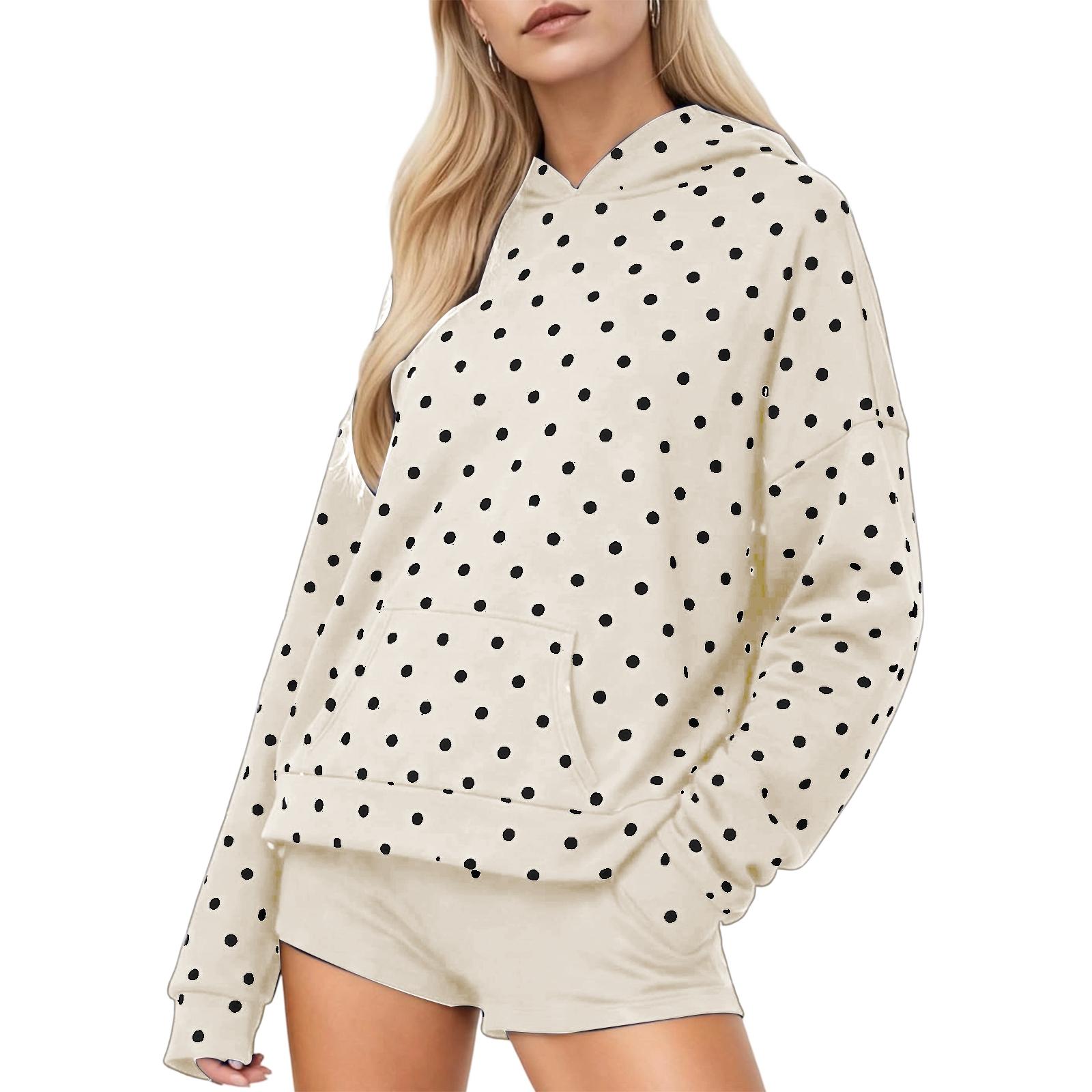 

Women s Hooded Sweatshirt With Polka Dot Pattern Print, Trendy And Versatile Top L бежевий