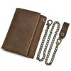 Vintage Genuine Leather Men Wallet Crazy Horse Leather Male Cowhide Trifold Card Holder Wallet with Metal Chain