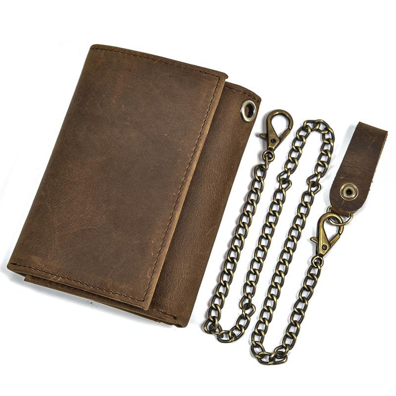 Vintage Genuine Leather Men Wallet Crazy Horse Leather Male Cowhide Trifold Card Holder Wallet with Metal Chain
