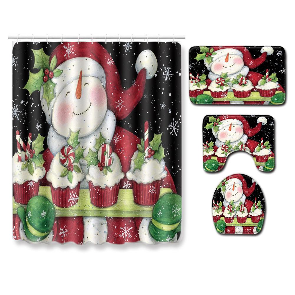 Christmas Shower Curtain Floor Mat Combination Four-Piece Set Bathroom Non-Slip Mat Toilet Absorbent Door Mat Carpet
