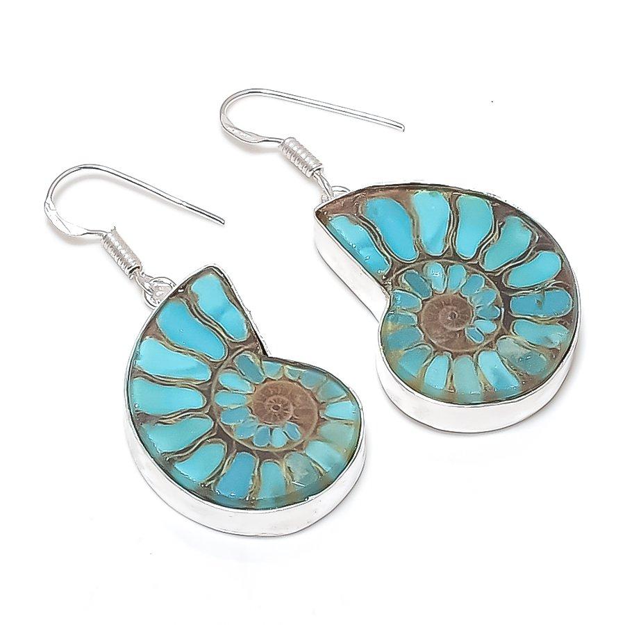 Ammonite Fossil Gemstone Handmade 925 Sterling Silver Jewelry Earring 1.93" f4d81