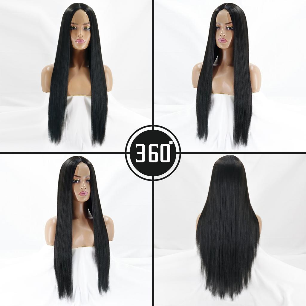 MERISIHAIR Long Straight Black Wigs Women Middle Part Synthetic Wig Heat Resistant Fiber Natural Looking Wig