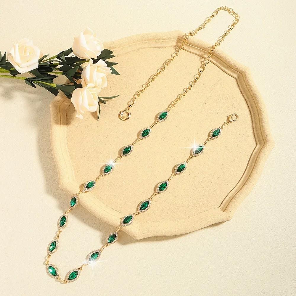 Elegant Crystal Green Gem Girl Waist Chain With Gold Metal Chain For Dress Accessory