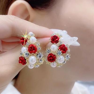 New Red Rose Imitation Pearl Stud Earrings For Women Korean Rhinestone Flower Tassel Earring Bride Wedding Party Jewelry