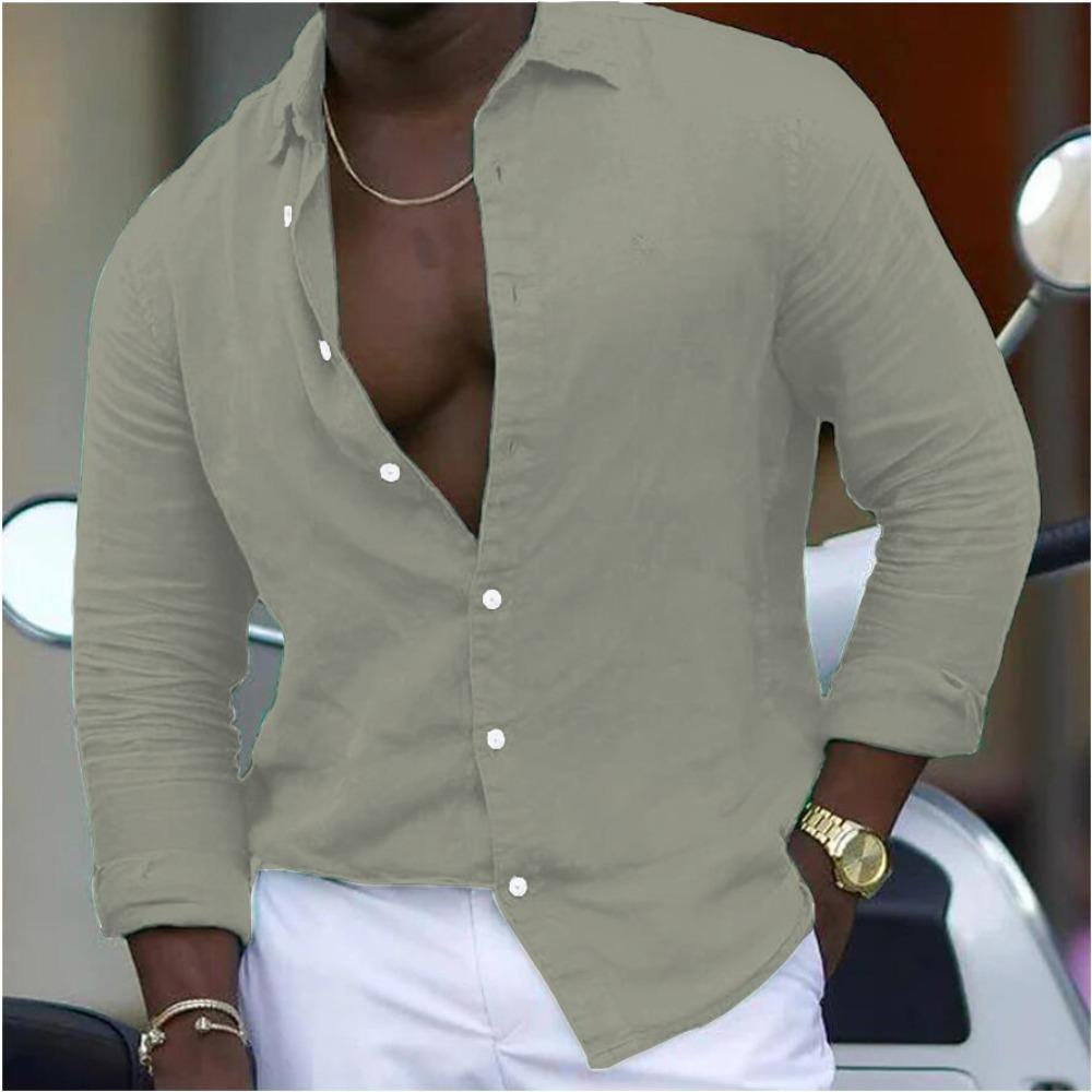 New Cotton-linen Blend Men's Long-sleeved Shirt Solid-colour Casual Collared Shirt