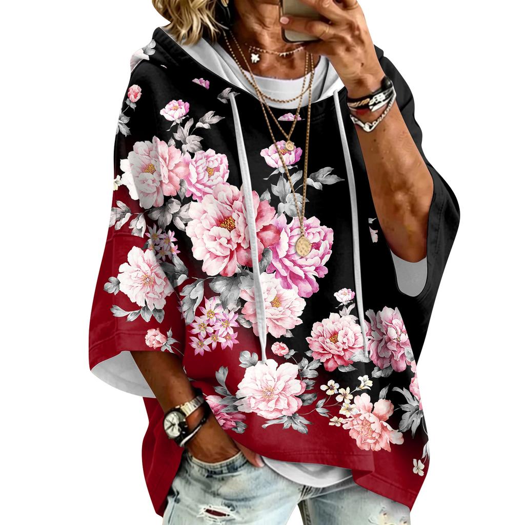 Women's Vintage Floral Print Drawstring Hoodie - Casual Loose Fit Sweatshirt Top