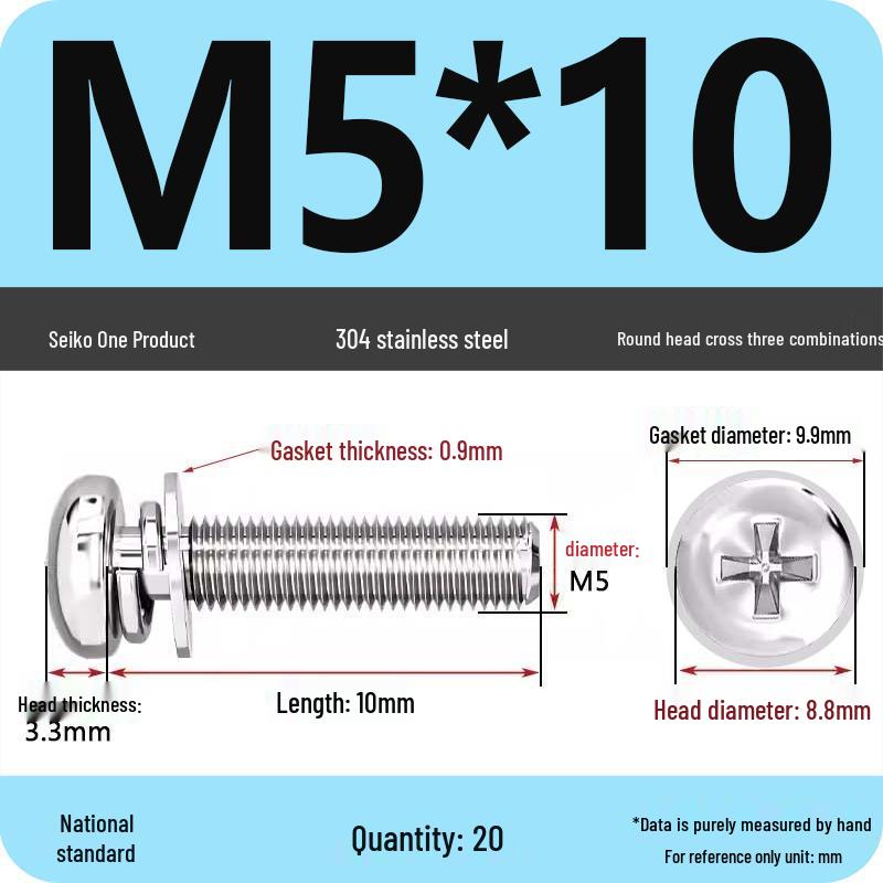 304 Stainless Steel Phillips Round Head Screw with Flat Washer M3/M4/M5/M6