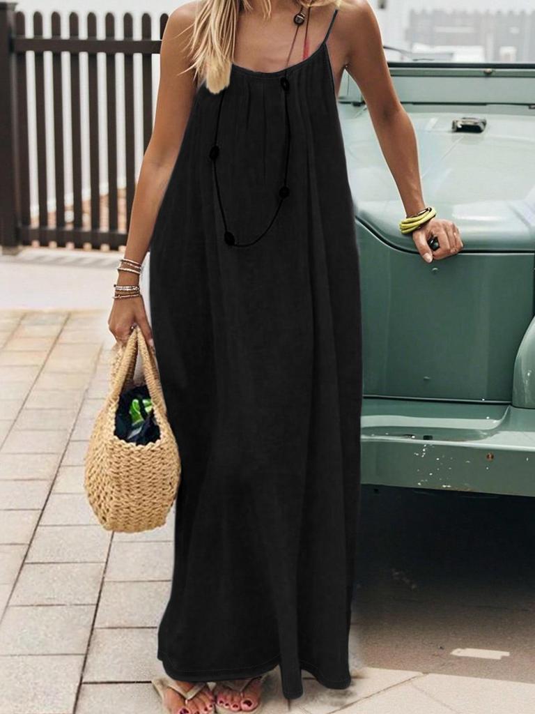 Backless Strappy Long Ice Silk Crinkle Dress - Summer 2026 Solid Color Shirring Beach Vacation Women's Clothing