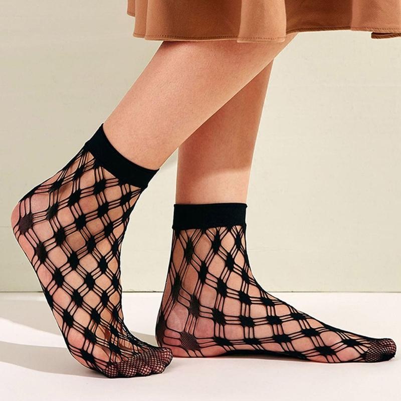 Black Mesh Socks For Women Elegant Ruffle Frilly Dress Socks Hollowout Fishnet Rhombus Patterned Ankle Socks Hosiery