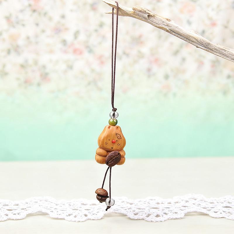 Peach Wood Coffee Bean Teddy Bear Heart Handbag Charm Pendant Keychain