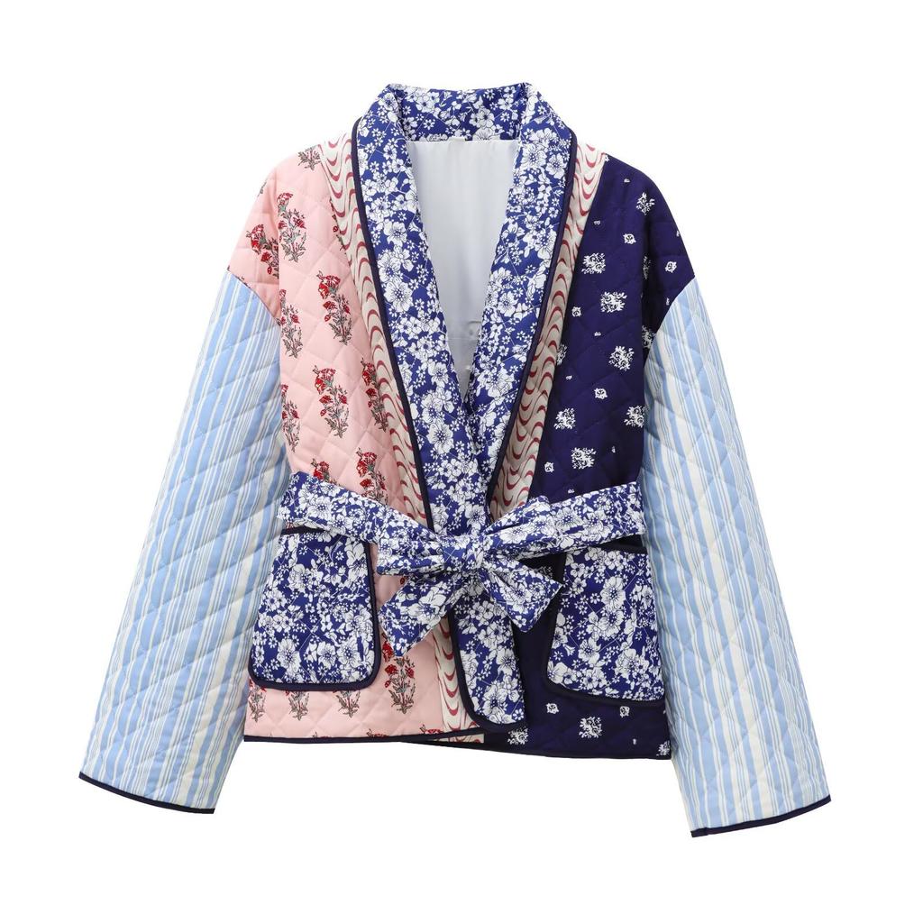 Women Stand Collar Quilted Print Loose Casual Cotton Coat