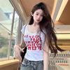 Women's Summer White Low-Neckline Letter Print T-Shirt - U-Neck, Short Sleeve, Slim-Fit.
