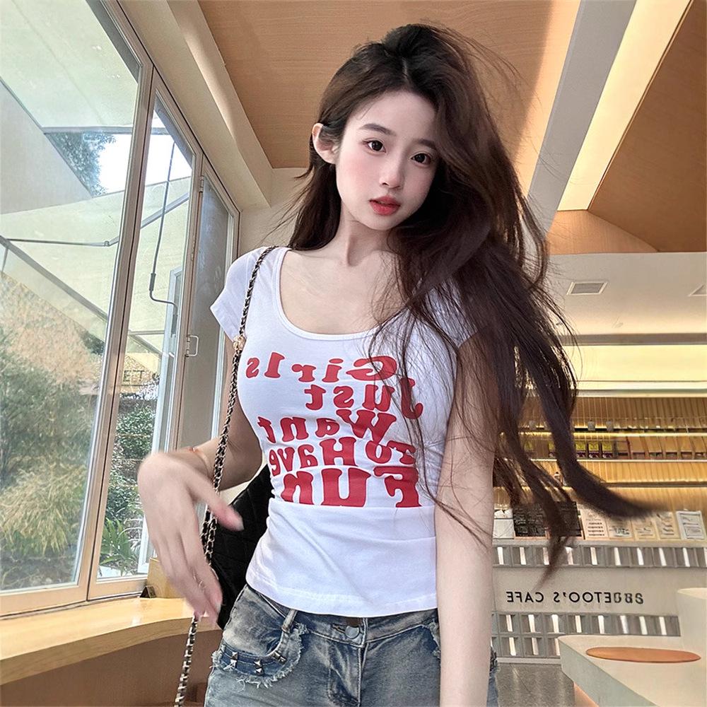 Women's Summer White Low-Neckline Letter Print T-Shirt - U-Neck, Short Sleeve, Slim-Fit.