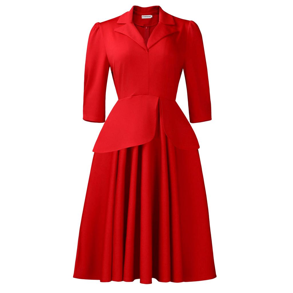 Women's Autumn Fashion Three-quarter Sleeve Suit-style Collar Solid-color Wide Skirt Large-sized Dress for Adults