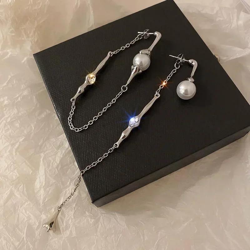 Summer Fashion Asymmetric Pearl Long Tassel Earrings for Women Korean Style A Two-wear Drop Chain Jewelry Accessories Gifts