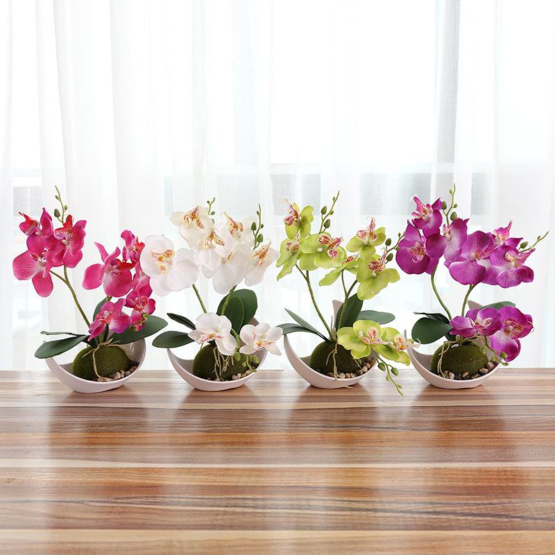 Fork Butterfly Orchid Bonsai Artificial Flower White Flowerpot Set Home Wedding Party Decoration