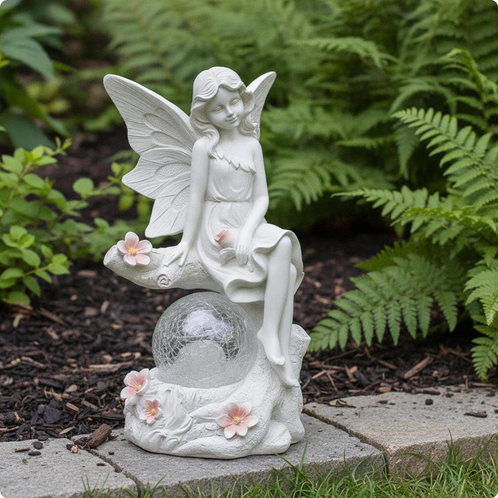 Outdoor Fairy Statue with Glass Sphere | Handmade Floral Detailing,