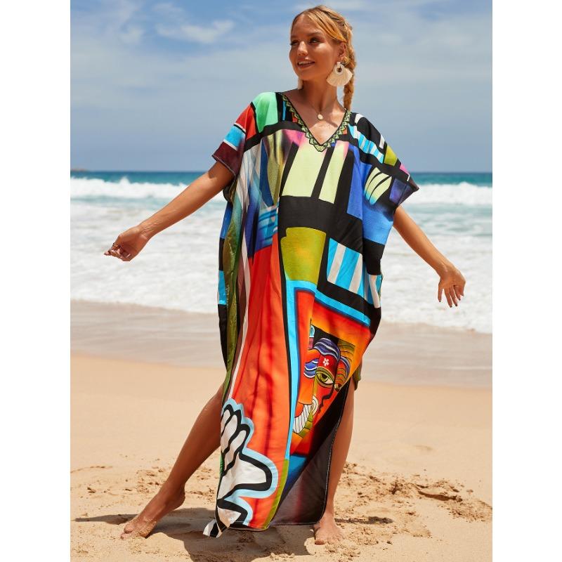 

Женская мода лето весна цвет блок принт короткий рукав V-образный вырез свободная талия повседневные платья Size: One Size