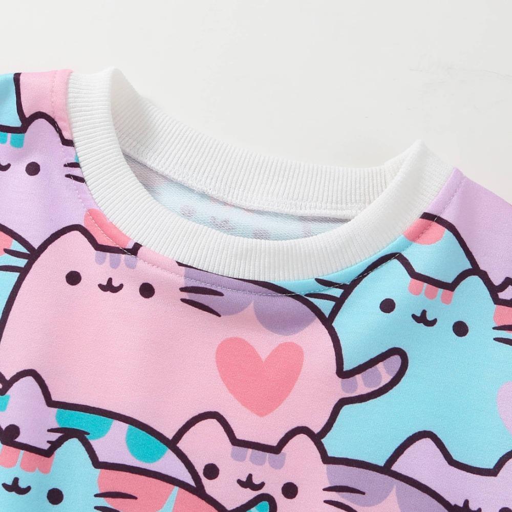 2-7 Years Kids Girl Round Neck Sweatshirt Cute Cat Full Print Long Sleeve Top Shirts