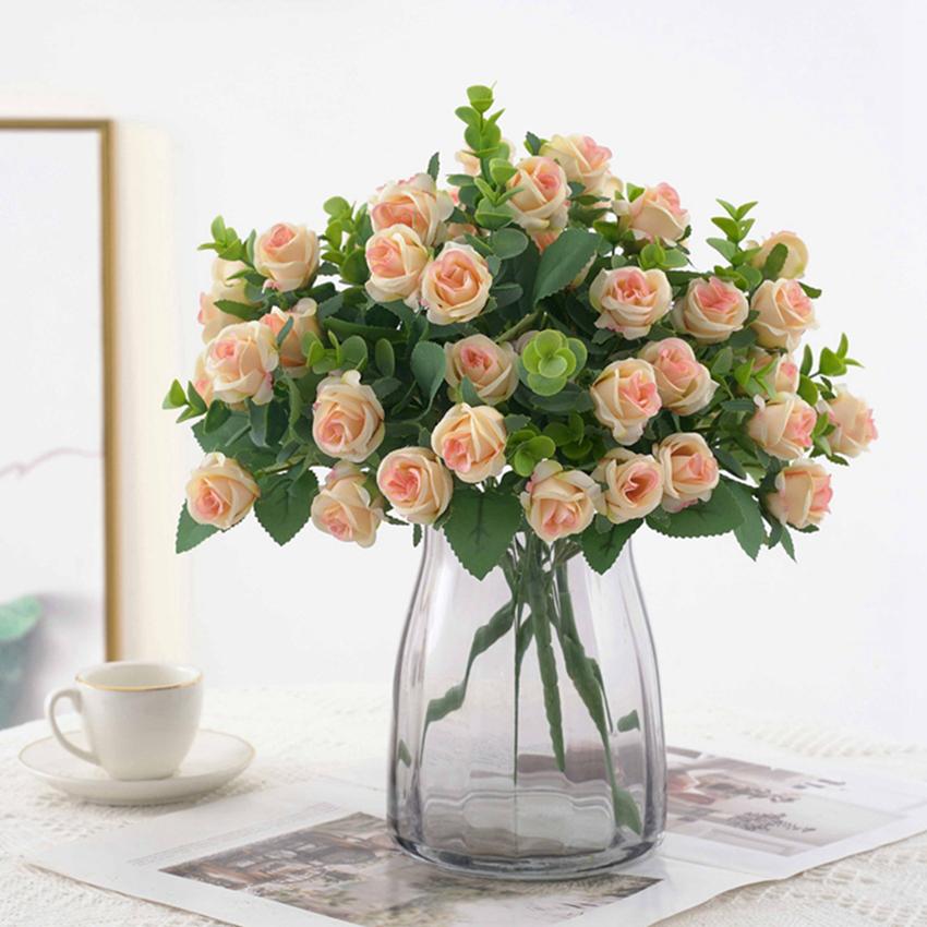5 Forks 11 Heads Artificial Flowers Silk Roses Bouquet for Home Decor Outdoor Garden Eucalyptus Leaves Fake Plants Wedding Party