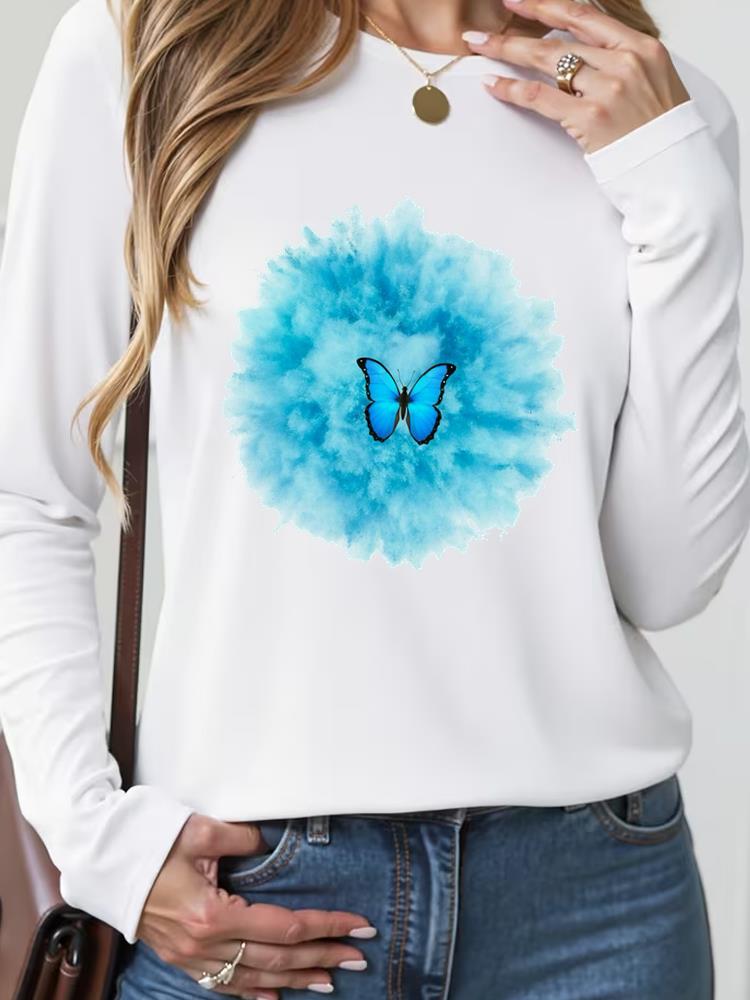 (Asian Size) butterfly style trend Casual Fashion Print T Shirt Tee Women Clothing autumn winter spring Top o-neck Graphic Long Sleeve T-shirts