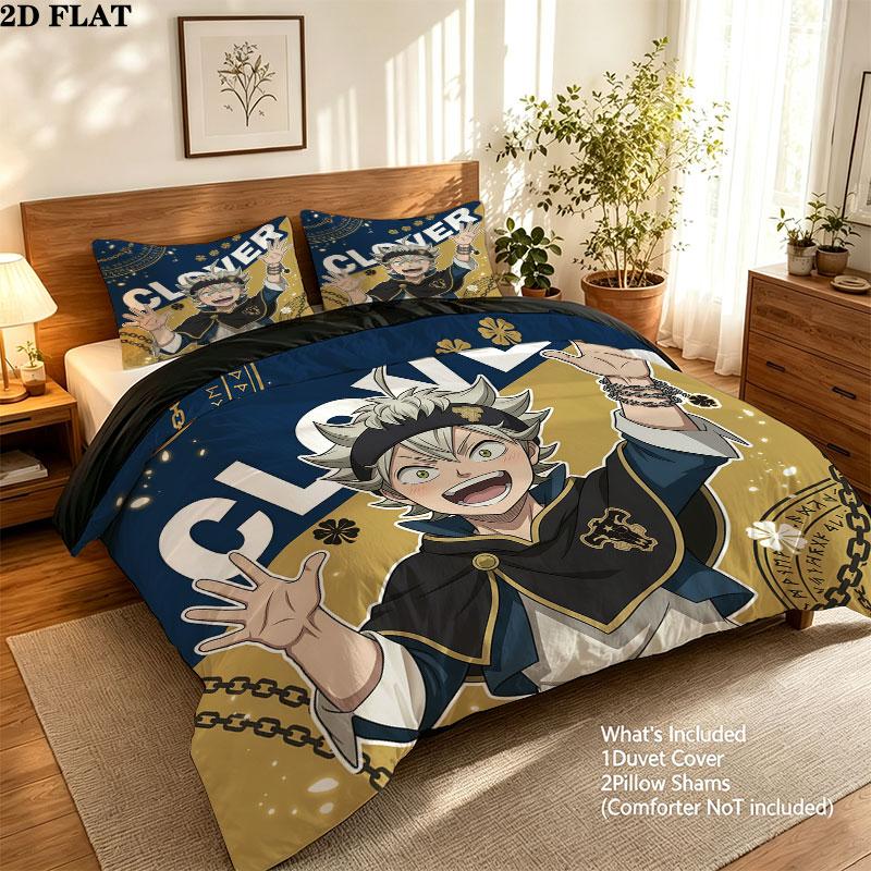 Black Clover Pattern Bedding Quilt Set Quilt Cover Pillowcase Home Birthday Gift(1 * duvet cover + 2 * pillowcase, without core)