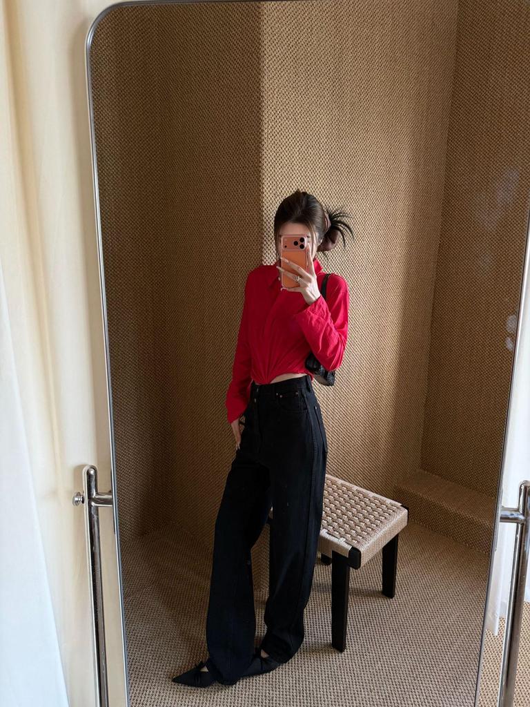 Women's Red Long Sleeve Polo Collar Casual T-Shirt by Nanyou