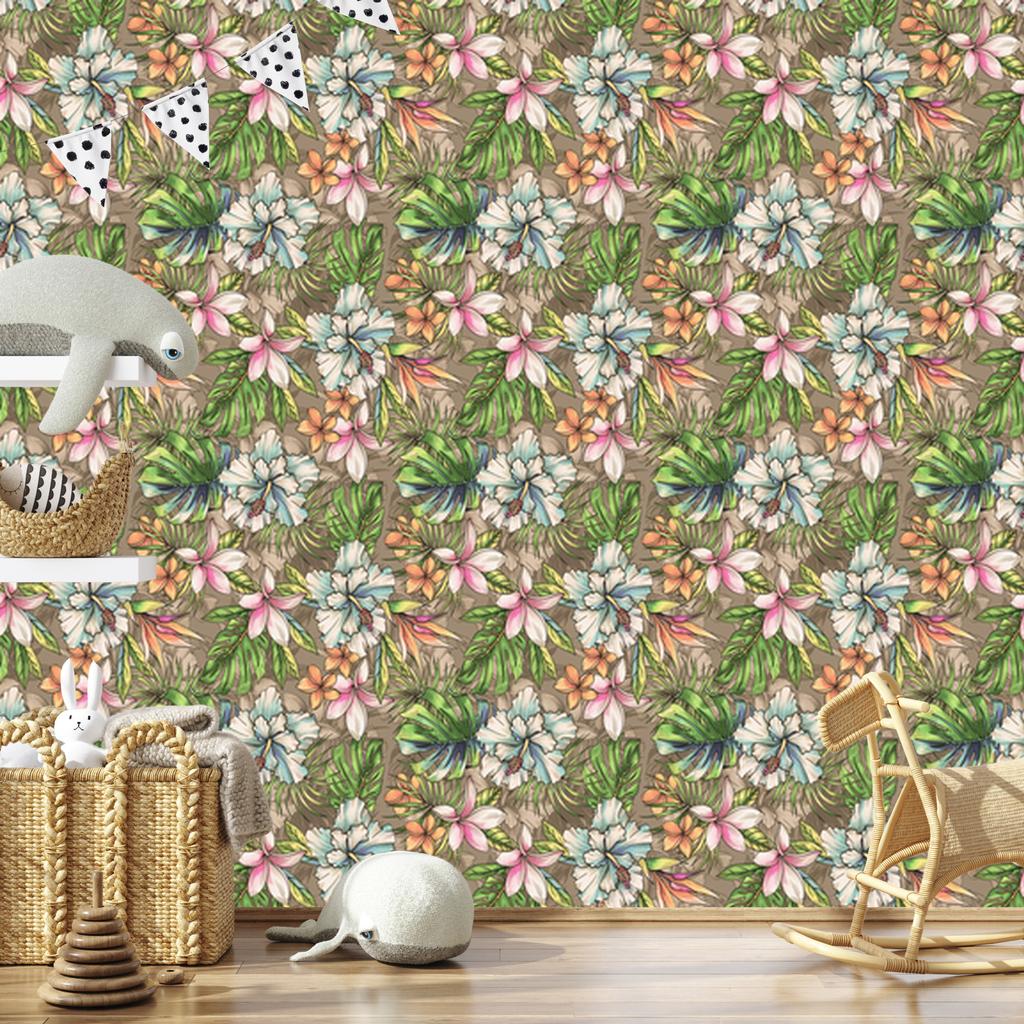 Paradise flowers and palm and monstera leaves wallpaper 50x1000