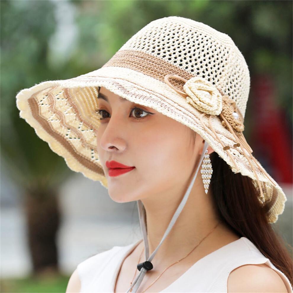 (One Size, White) Women Summer Knit Sun Hat Breathable Crochet Flower Wide Brim Sun Protection Fisherman Cap