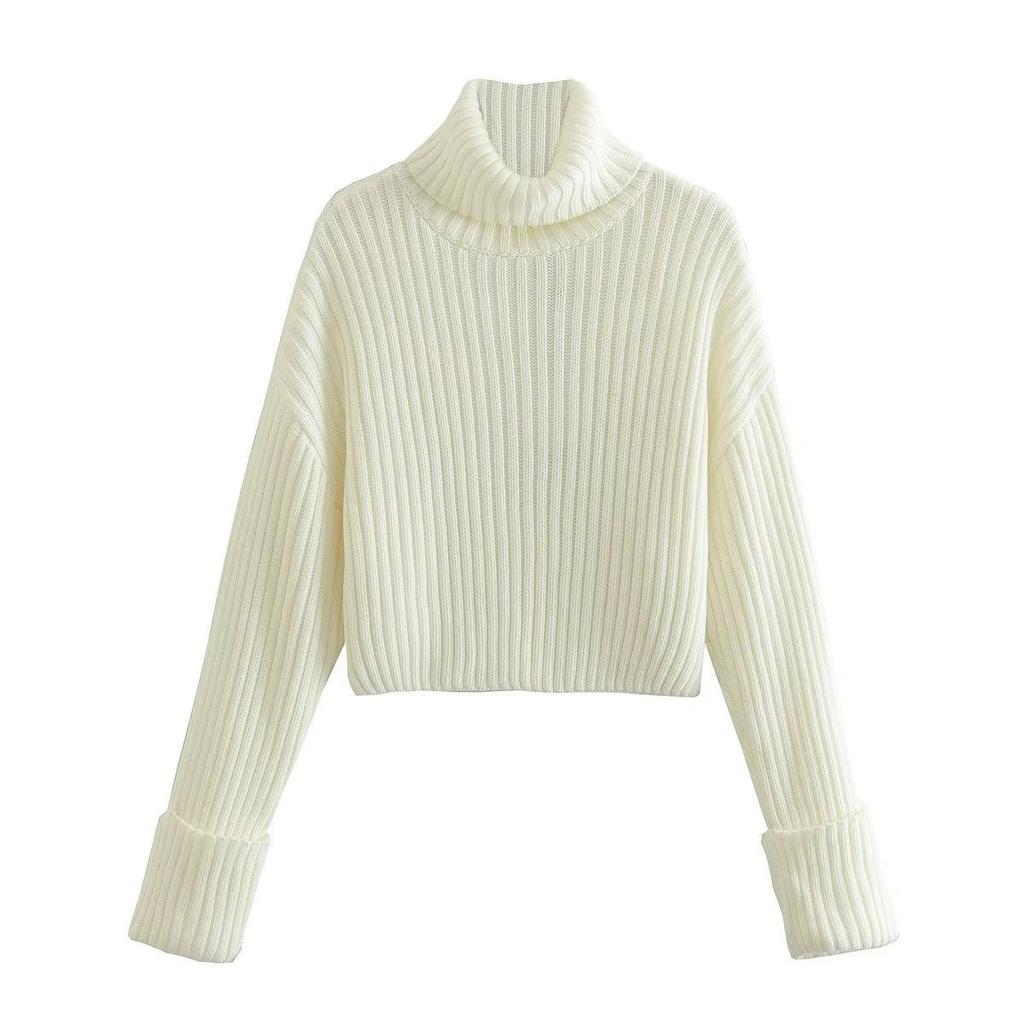 Autumn and Winter New Solid Color Thread Knitted Hoodie Short Style High Collar Bottom Sweater for Women 3521 KTB