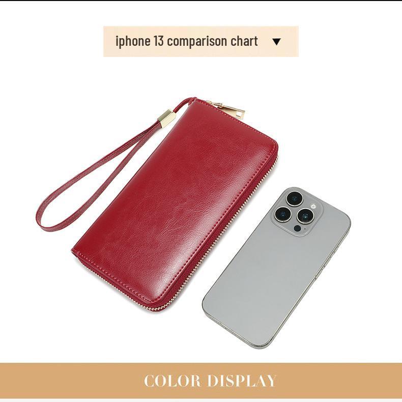 Women's Large Capacity Genuine Leather Wallet Clutch with Zipper Card Holder & Wrist Strap - Fashionable & Casual Style