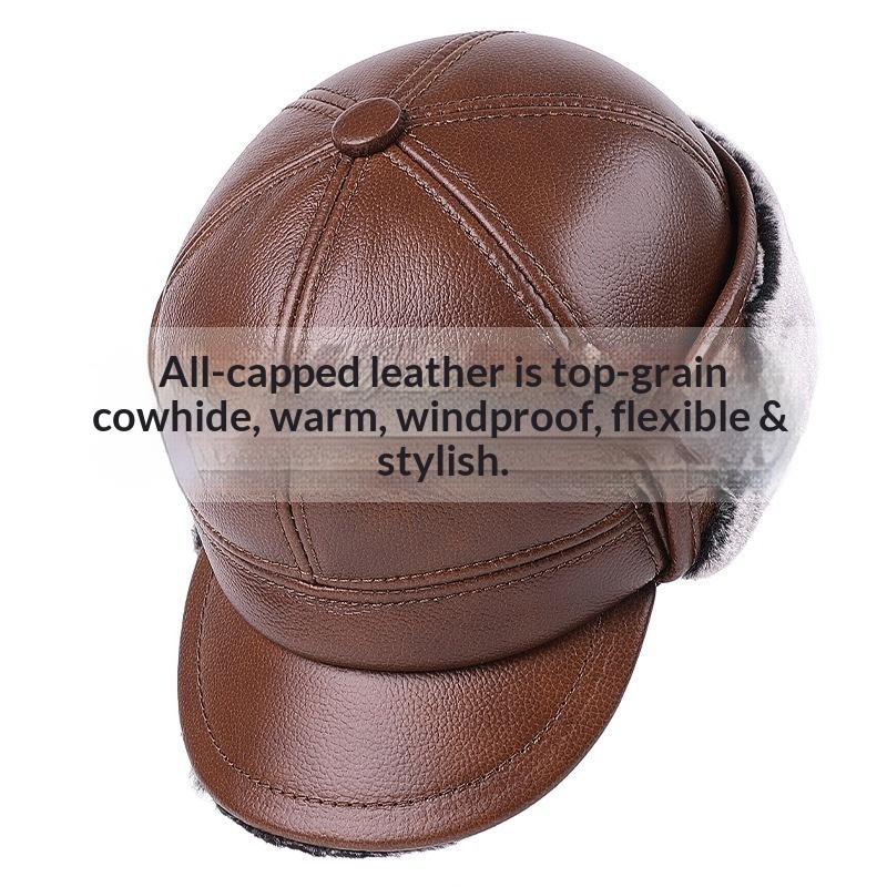 Men Genuine Cowhide Leather Winter Hat Thick Warm Trapper Cap with Ear Flaps Outdoor Windproof Baseball Bomber Hat for Elderly