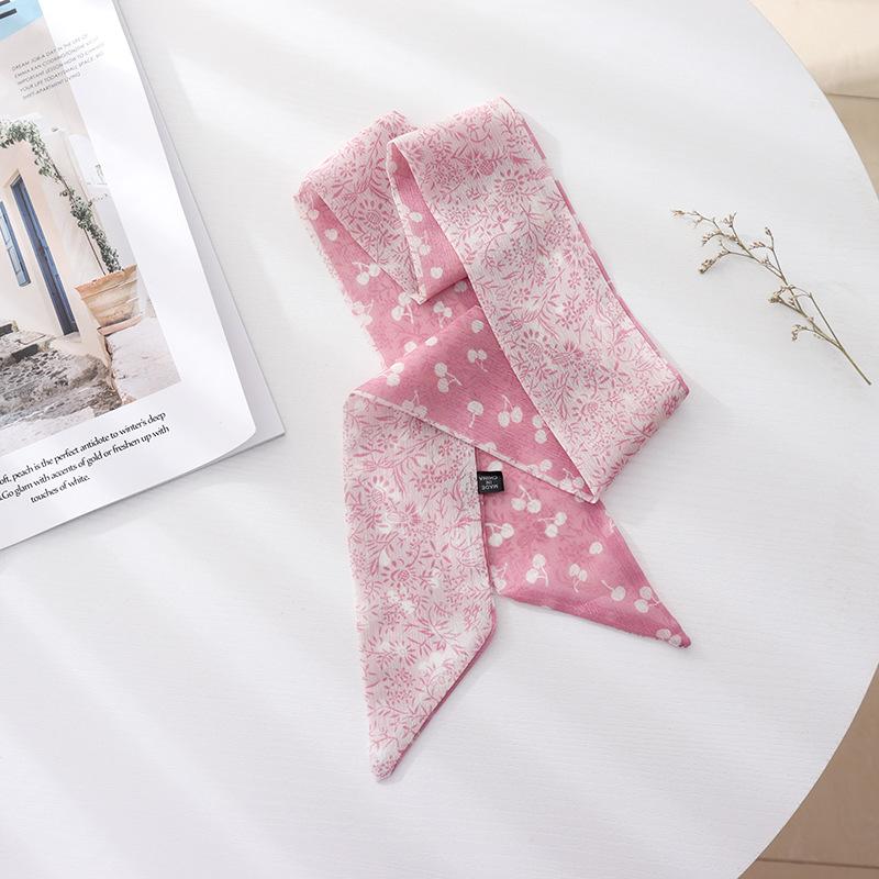 Summer French Retro Pink Tied Hair Small Floral Long Silk Scarf Headband Braided Hair Chiffon Thin Ribbon Scarf